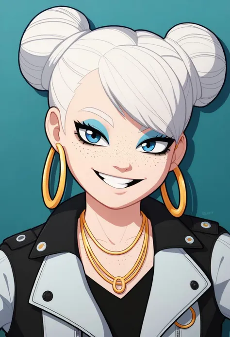 a cartoon image of a woman with white hair and blue eyes