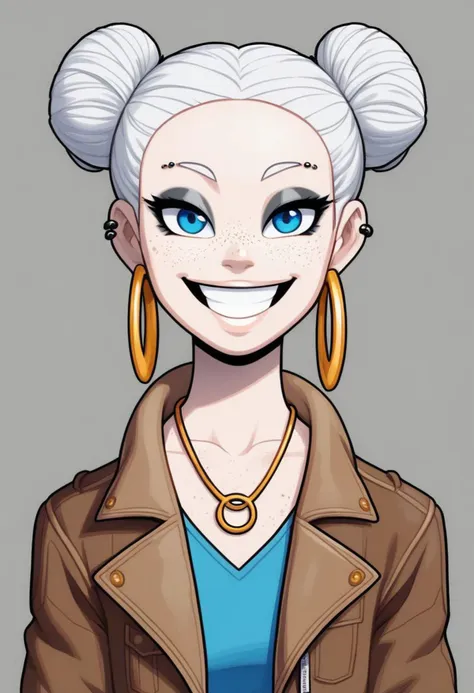 a cartoon drawing of a woman with white hair and blue eyes