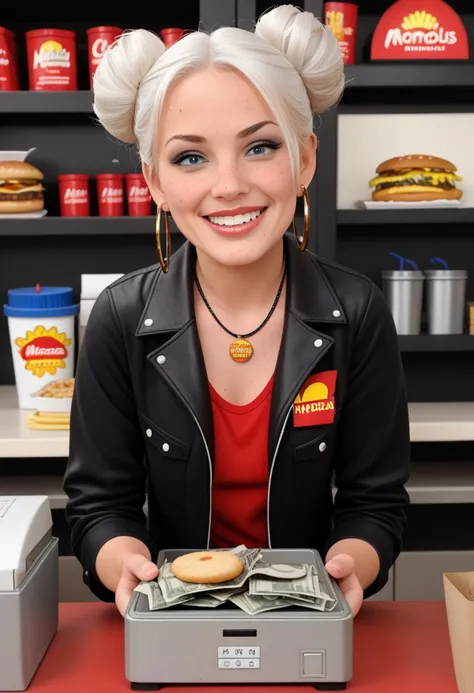 arafed woman in a red shirt holding a cash register and a sandwich