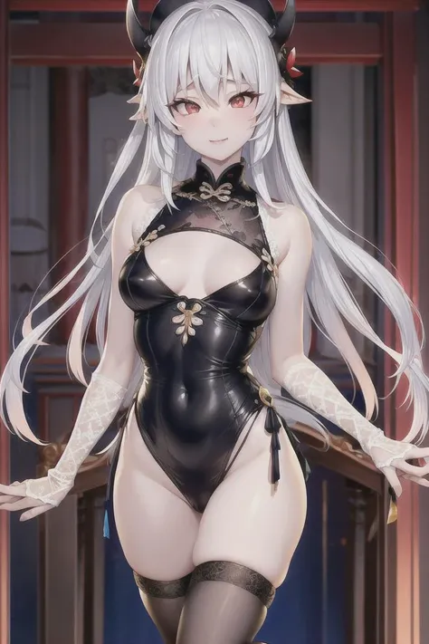 <lora:chineseCosplayerXiaorouseeu_v10>, unparalleled masterpiece, ultra realistic 8k CG, perfect artwork, ((perfect female figure)), white hair, red eyes, mature female, milf, narrow waist, chinese deity, looking at viewer, seductive posture, sexy pose, al...