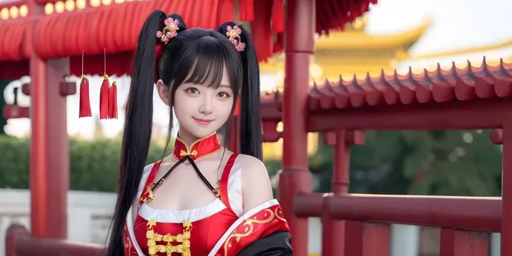 best quality, ultra high res, (photorealistic:1.4),beautiful girl, [:(detailed face:1.2):0.2], kawaii, black twintails ,flat chest, <lora:xiaorouseeu_v10:0.65>,smile,red chinese clothes, upper body,1girl, 8k