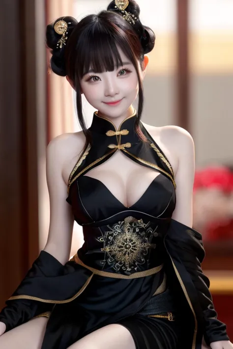 <lora:xiaorouseeu_v10:0.8> ,half body ,photorealistic, cinematic light, highres,smile ,tiny breast , black bun hair,  black chinese dress