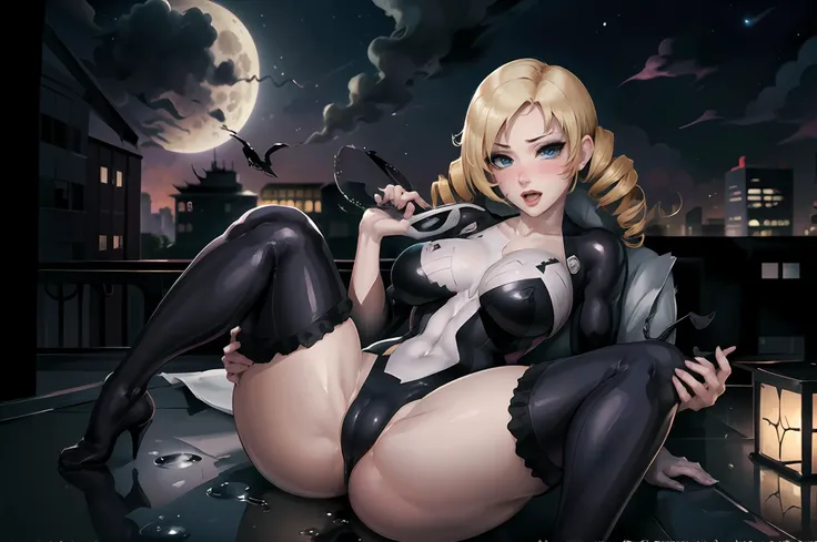 official art, unity 8k wallpaper, ultra detailed, beautiful and aesthetic, masterpiece, best quality, (CatherineVG), looking at viewer, blush, open mouth, <lora:catherineCatherine_v10:0.7>, symbiote, rooftop, night, moon,  <lora:Symbiote:0.7>