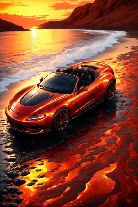 Molten, Lava, <lora:Molten-Fashion-V1:1>, a classic, orange convertible sports car driving through shallow beach water