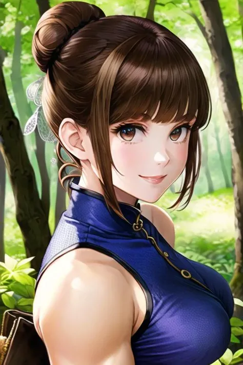 1girl, chun-li, ((highly detailed eyes)), vanillaware-32900, intricate details, round pupils,  detailed pupils, modelshoot style, brown hair, (brown eyes), double bun, ((portrait)), looking at viewer, smile, short hair, soft lighting, trees, forest, samdoe...