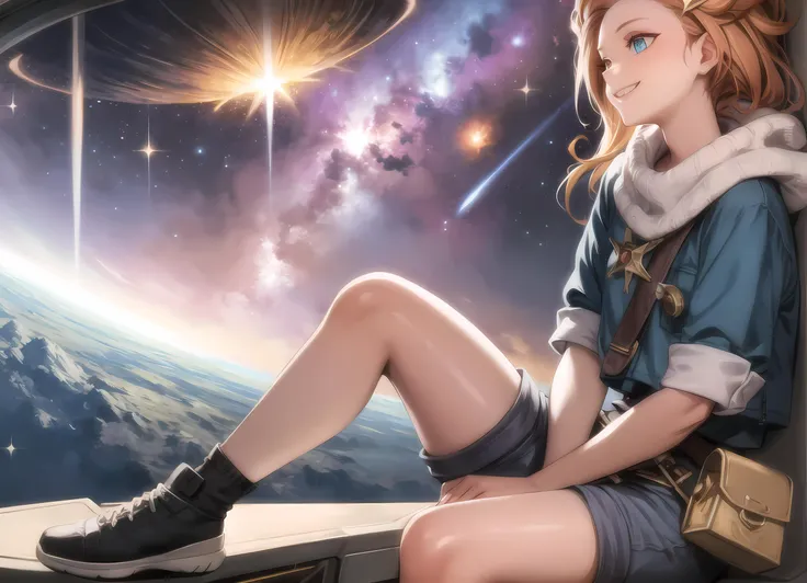 masterpiece, best quality, zoe, <lora:zoe:0.7>, in space with a massive galaxy, smile, shorts, heterochromia