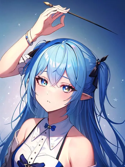 a close up of a person with blue hair and a wand