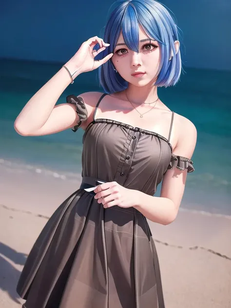 a close up of a woman with blue hair on a beach