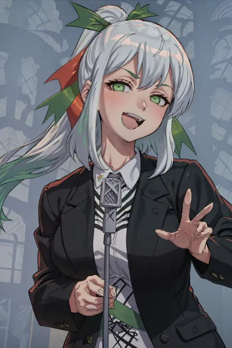 anime girl with white hair and green eyes in a black jacket