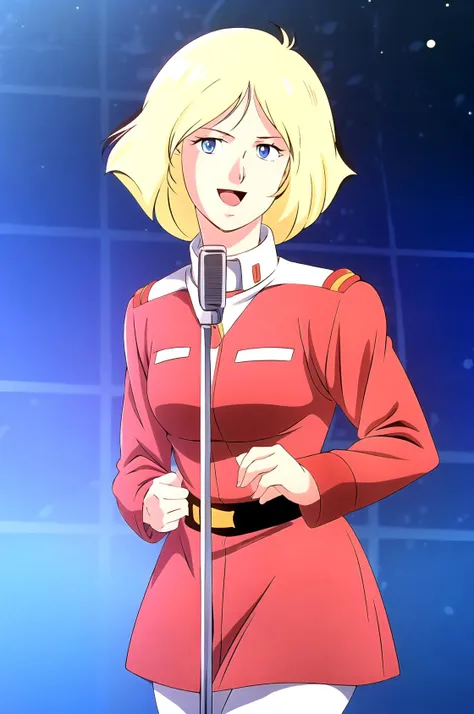 a close up of a woman in a red uniform holding a microphone