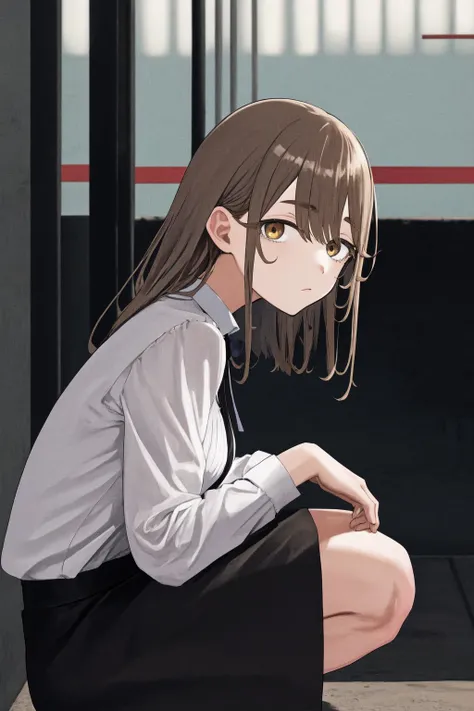 masterpiece, best quality, highres, 1girl kusakabe hiyori brown hair, white shirt, black skirt <lora:kusakabe_hiyori_d32:1> squatting, from side, looking at viewer