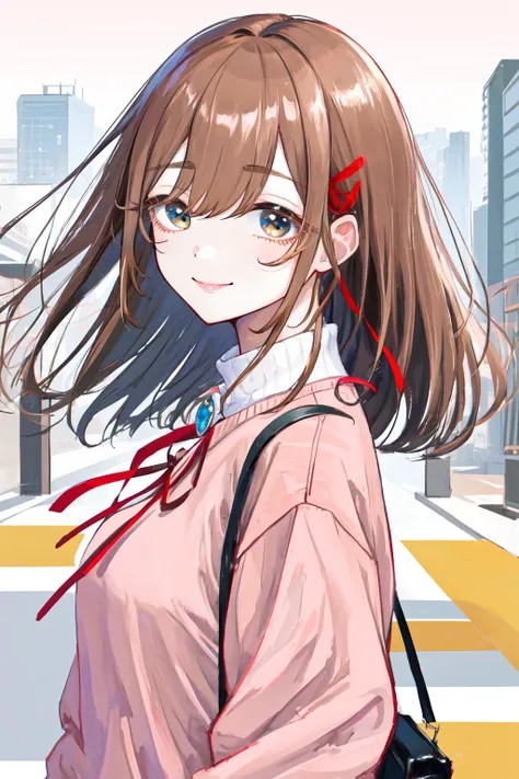 masterpiece, best quality, highres, 1girl kusakabe hiyori brown hair, neck ribbon red ribbon jewelry white shirt pink sweater <lora:kusakabe_hiyori_d32:1> smile, from side, looking at viewer