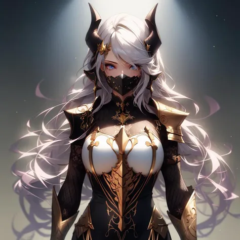 dragon girl, big horns, golden intricate horns, golden embroidered horns, divine aura, gold metal armor, embroidered armour, <lora:Niji-Dream_Style:0.7>