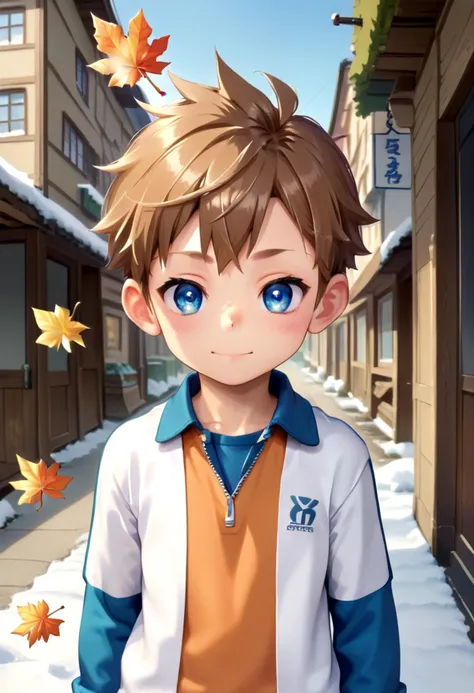 a boy with blue eyes standing in the snow near a building