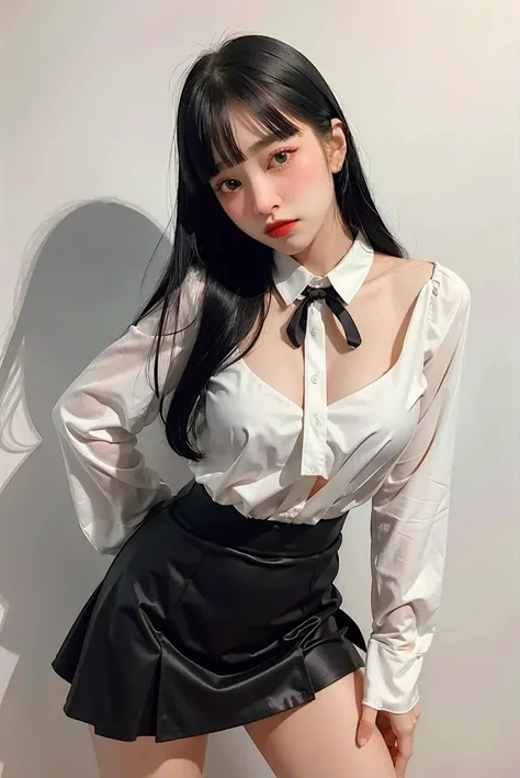 a woman in a white shirt and black skirt posing for a picture