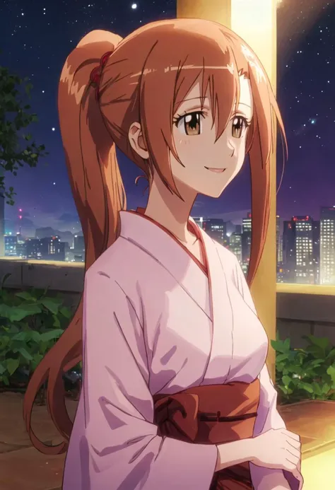 best quality, masterpiece, highres, solo, {shichijou_aria_seitokaiyakuindomo:0.90}, 1girl, yukata, ponytail, smile, night_sky