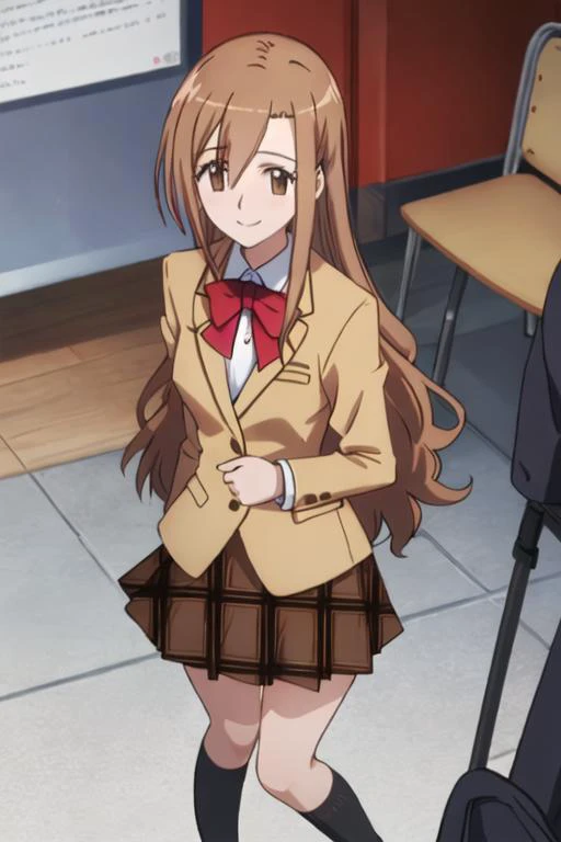 best quality, masterpiece, highres, solo, {shichijou_aria_seitokaiyakuindomo:1.15}, brown_hair, long_hair, brown_eyes, bow, smile, 1girl, blazer, jacket, plaid, plaid_skirt, school_uniform, skirt