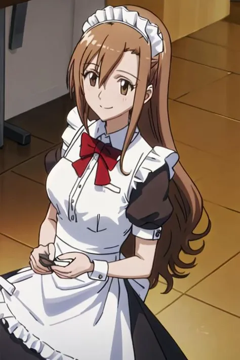 best quality, masterpiece, highres, solo, {maid:1.40}, {long maid dress:1.15}, {shichijou_aria_seitokaiyakuindomo:1.15}, brown_hair, long_hair, brown_eyes, bow, smile