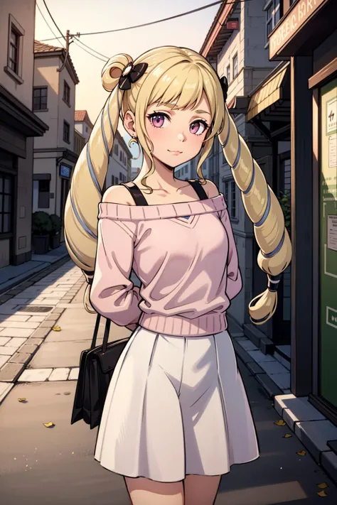 masterpiece, best quality, absurdres, 1girl, solo, :3 , standing, facing viewer, arms behind back, street, shopping street, outdoors, sunset
BREAK 
 <lora:EPfeElise-10:1> EPfeElise, blonde hair, twintails, hairclip
BREAK 
pink sweater, off-shoulder sweater...