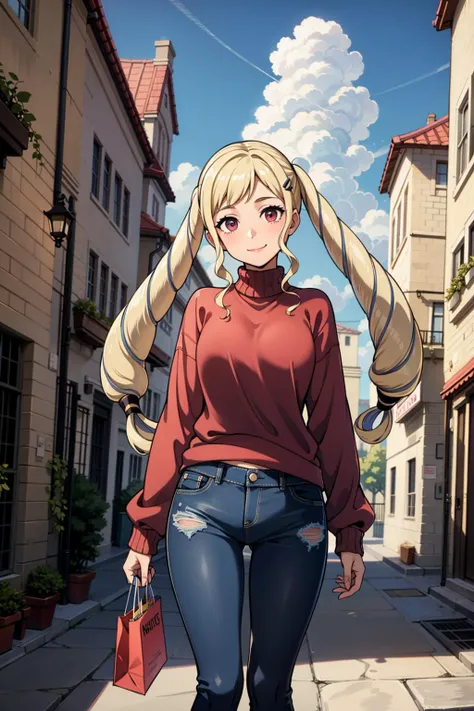 masterpiece, best quality, absurdres, 1girl, solo, smile, standing, facing viewer, street, shopping street, outdoors, sun, cloud BREAK  <lora:EPfeElise-10:1> EPfeElise, blonde hair, twintails, hairclip, red sweater, turtleneck, sweater tucked in BREAK jean...