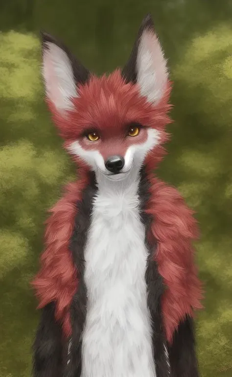 painting of a red fox with a black and white fur coat