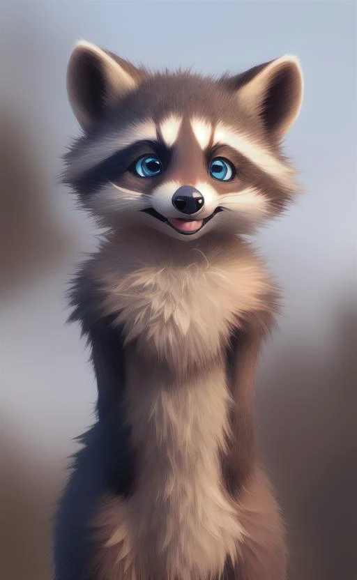 a close up of a raccoon with blue eyes and a furry look