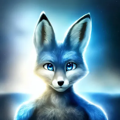 a close up of a blue fox with blue eyes and a dark background