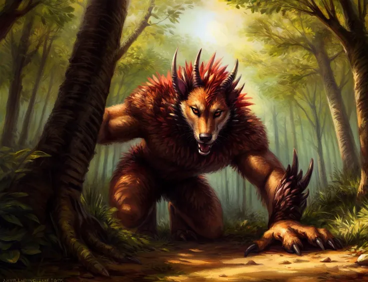 painting of a monster in the woods with a large claw