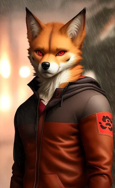 , mammal, solo, clothing, red eyes, raining, anthro, male, clothed, portrait, hi res, canine, fur, canid, canis, topwear, brown body, realistic