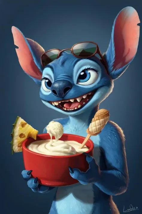 blue body, blue claws, blue eyes, blue fur, blue nose, bowl, claws, container, dessert, eyewear, eyewear on head, food, fruit, fur, gradient background, happy, head tuft, ice cream, looking at viewer, open mouth, open smile, pineapple, plant, simple backgr...