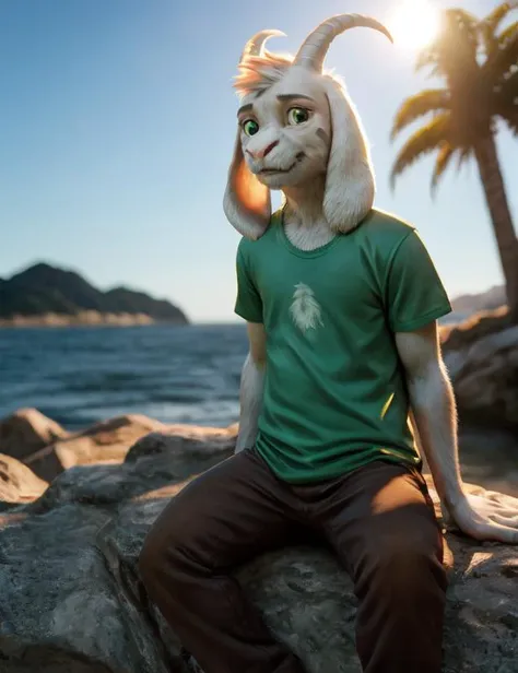 araffe wearing a green shirt and a goat mask sitting on a rock