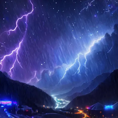 lightning and rain in the mountains with cars driving on the road