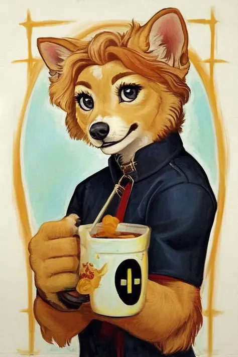 painting of a dog holding a cup of coffee with a spoon in it