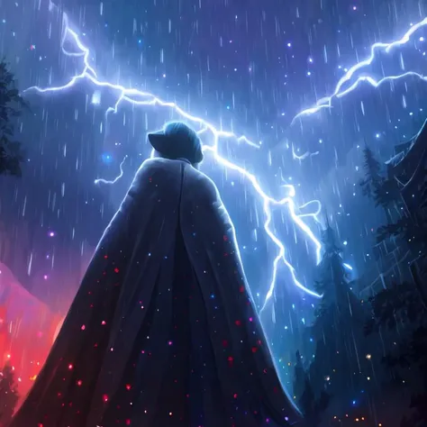 a man in a cape stands in the rain with lightning