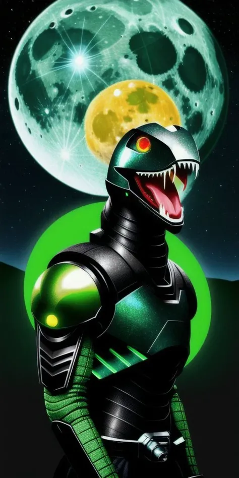 Velociraptor, antro, cyber knight, green skin, orange eye, dark-green stripes on body and head, black metal, red tongue, on moon space background, FANTASY, SCI FI, SCIENCE FICTION, ANDROID, WERECREATURE, fking_scifi_v2