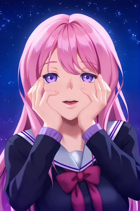 anime girl with pink hair and purple eyes holding her hands to her face