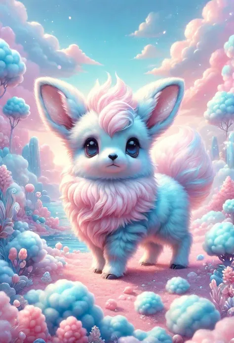 a painting of a white dog with pink hair standing in a field of clouds