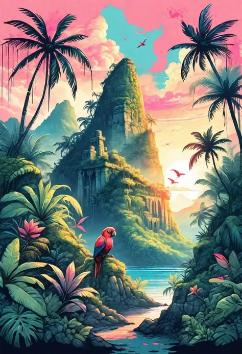 a painting of a tropical scene with a bird and a mountain