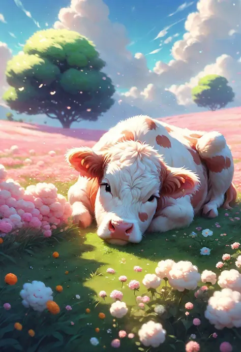 there is a cow laying down in a field of flowers