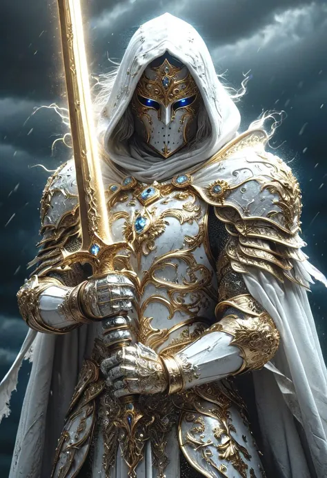 A stunning, highly detailed dark fantasy full body illustration of a proud angelical warrior wearing intricate medieval white HKStyle armor and an epic white ornamented mask, holding a great golden glowing sword, golden and blue glooming eyes, very wide sh...