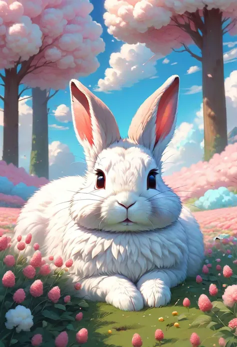 a close up of a rabbit laying in a field of flowers