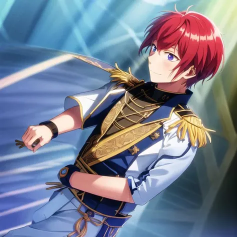 <lora:tsukasa_suou:0.8>, masterpiece, best quality, ultra-detailed, ultra-high contrast , 1boy, 8k, tsukasa_suou, knights_ensemble_stars,wallpaper quality, body facing me, standing,  soft smile, complex background,  realistic, short sleeve, solo,  characte...