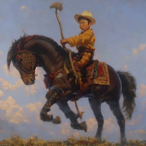 Mongolian  little boy riding a horse profile
highres, hq, highly detailed, oil painting, 
 <lyco:Meirzhan_Nurgozhin:1>