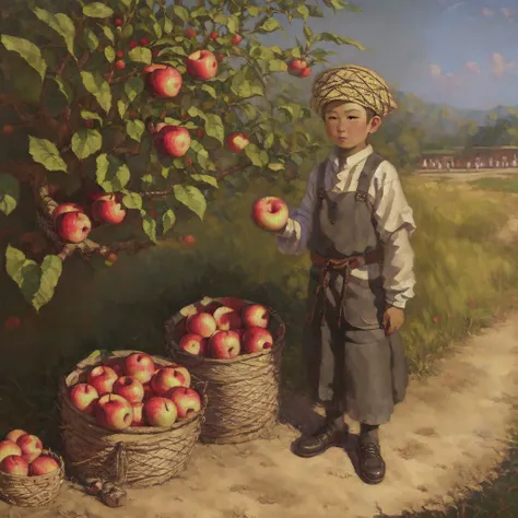 1boy collecting apples, Mongolian 
highres, hq, highly detailed, oil painting, 
 <lyco:Meirzhan_Nurgozhin:1>