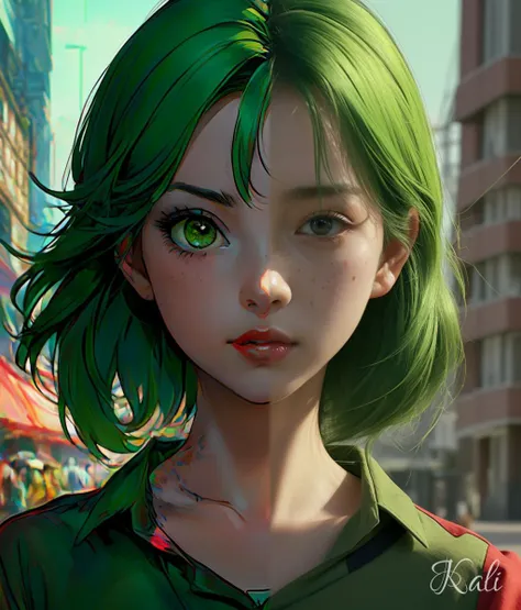 30yo Japanese woman,

green eyes, green hair, 
standing in a red town square,
open green shirt,

shading, sunspots, deep shadows,

detailed, skin detail, detailed face, cinematic, hyperdetailed,
highly detailed background,

