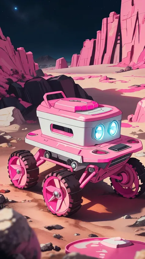 Pink colored <lora:BarbieCore:0.8> BarbieCore an exploration rover traversing a rugged alien landscape, (shiny plastic:0.8), (pink plastic:0.9), Masterpiece, RAW photo, perfect lighting conditions