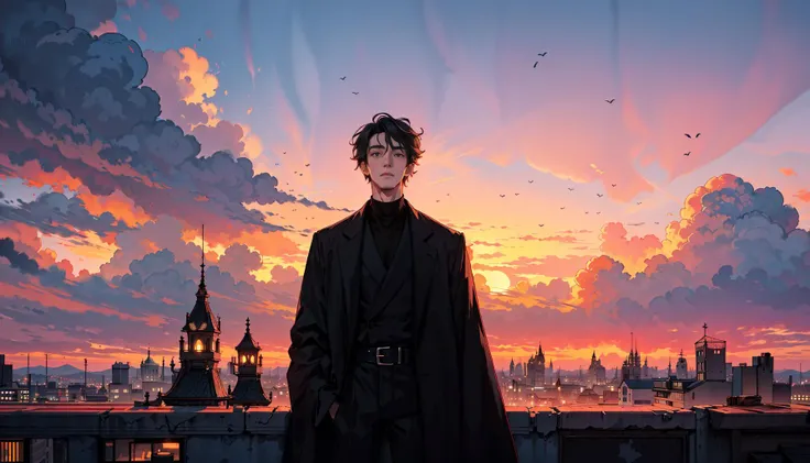 masterpiece, best quality, gradient hair, a tall man wearing black clothes, on top of a tower rooftop, sunset, colorful, cloudy sky