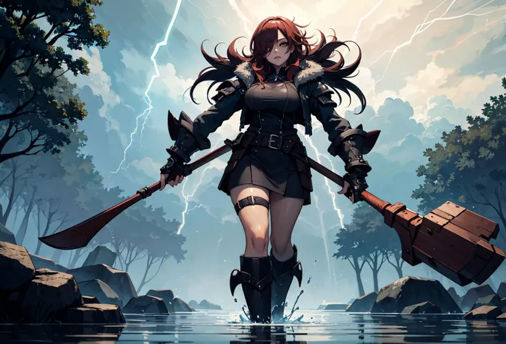 masterpiece, best quality, highres, intricate details,
1girl, solo, shiny skin,(subsurface scattering:0.8),dark red,A one-eyed giant carrying a massive stone club, walking through a thunderstorm with lightning flashing in the background. The giant is stand...