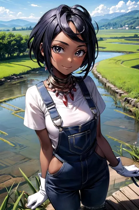 (masterpiece, best quality, detailed), 1girl, solo, looking at viewer, pkmnOlivia, dark skin,
overalls, short sleeves, white gloves, red shirt, rice paddy, rural, mud, power lines, scenery, hill, mountainous horizon, house, wading, splashing, smile, closed...