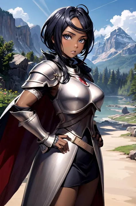 (masterpiece, best quality, detailed), 1girl, solo, looking at viewer, pkmnOlivia, (dark skin),
armor, breastplate, armored dress, cape, gauntlets, pauldrons, outdoors, mountain, castle, fantasy, scenery, sky, hands on hips, parted lips